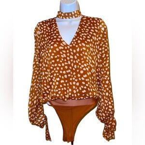 Forever 21 Burnt Orange Long Slit Sleeve Animal Print Bodysuit, M